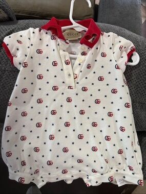 Gucci White Polo Dress with Red Trim and Navy Stars